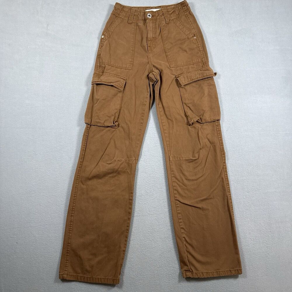 Bershka Women’s Medium Rise Cargo Straight Pants Sz 00 Brown Six Pocket